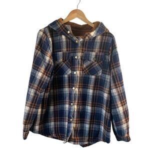 Women's Boyfriend Brown Plaid Button Fleece Hooded Jacket Coat Size M Cozy